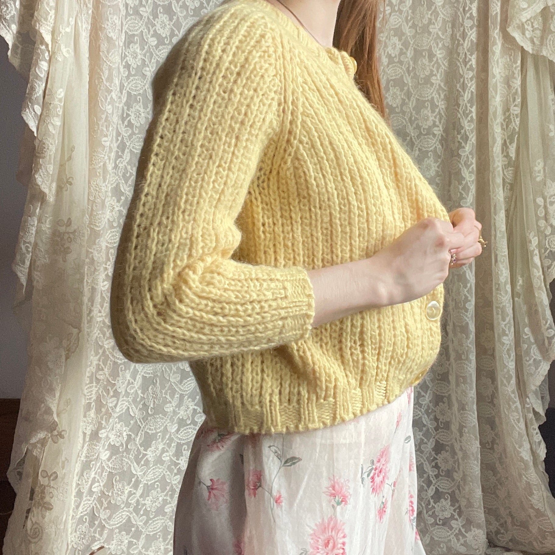 1970s Yellow Wool Cropped Cardigan Knit Sweater