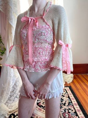 1940s Crochet Bolero Cardgian Cream Pink Ribbon Bow