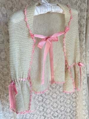 1940s Crochet Bolero Cardgian Cream Pink Ribbon Bow