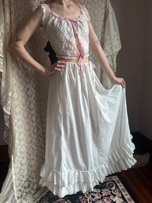 1900s White Cotton Skirt Petticoat Ruffle Hem Drawstring Ribbon Waist