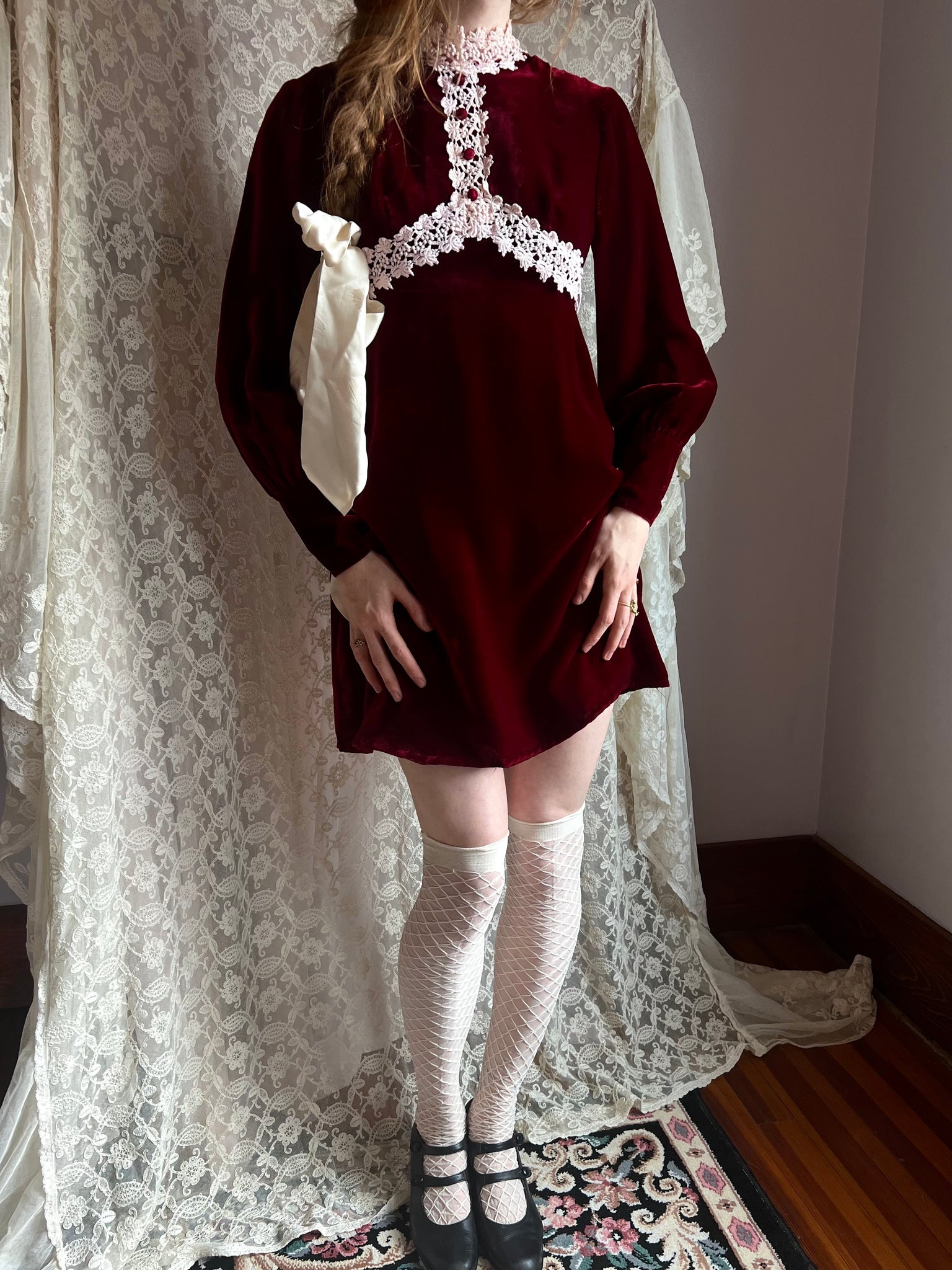 1970s Maroon Velvet Mini Dress Long Sleeves Cream Lace Trim