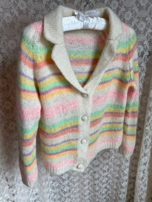 1960s Rainbow Pink Green Mohair Wool Knit Cardigan Sweater