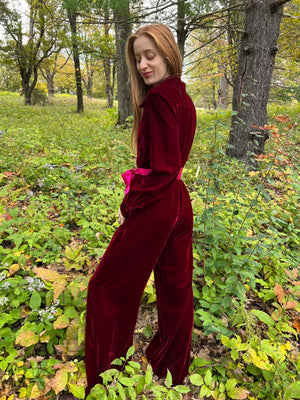 1970s Maroon Red Velvet Jumpsuit Flared Wide Leg Collared