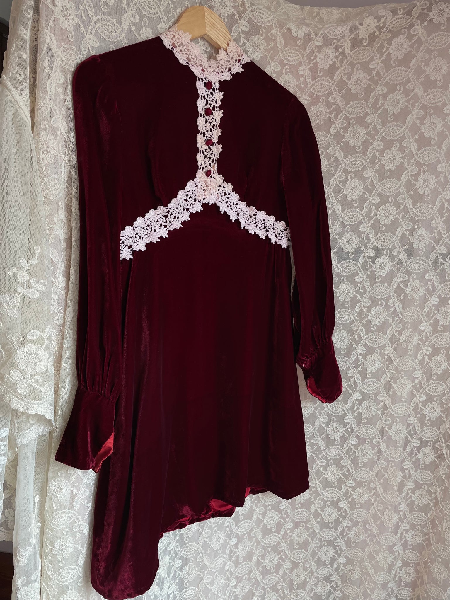 1970s Maroon Velvet Mini Dress Long Sleeves Cream Lace Trim
