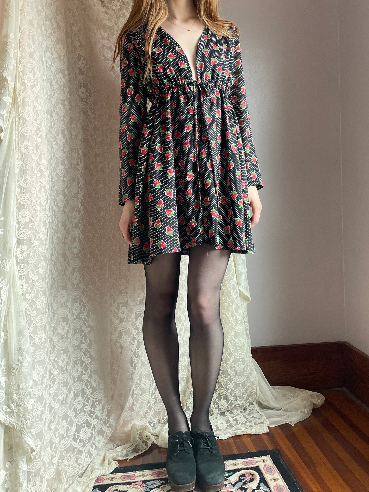 1970s Young Edwardian Strawberry Print Dotted Black Red Cotton Mini Dress