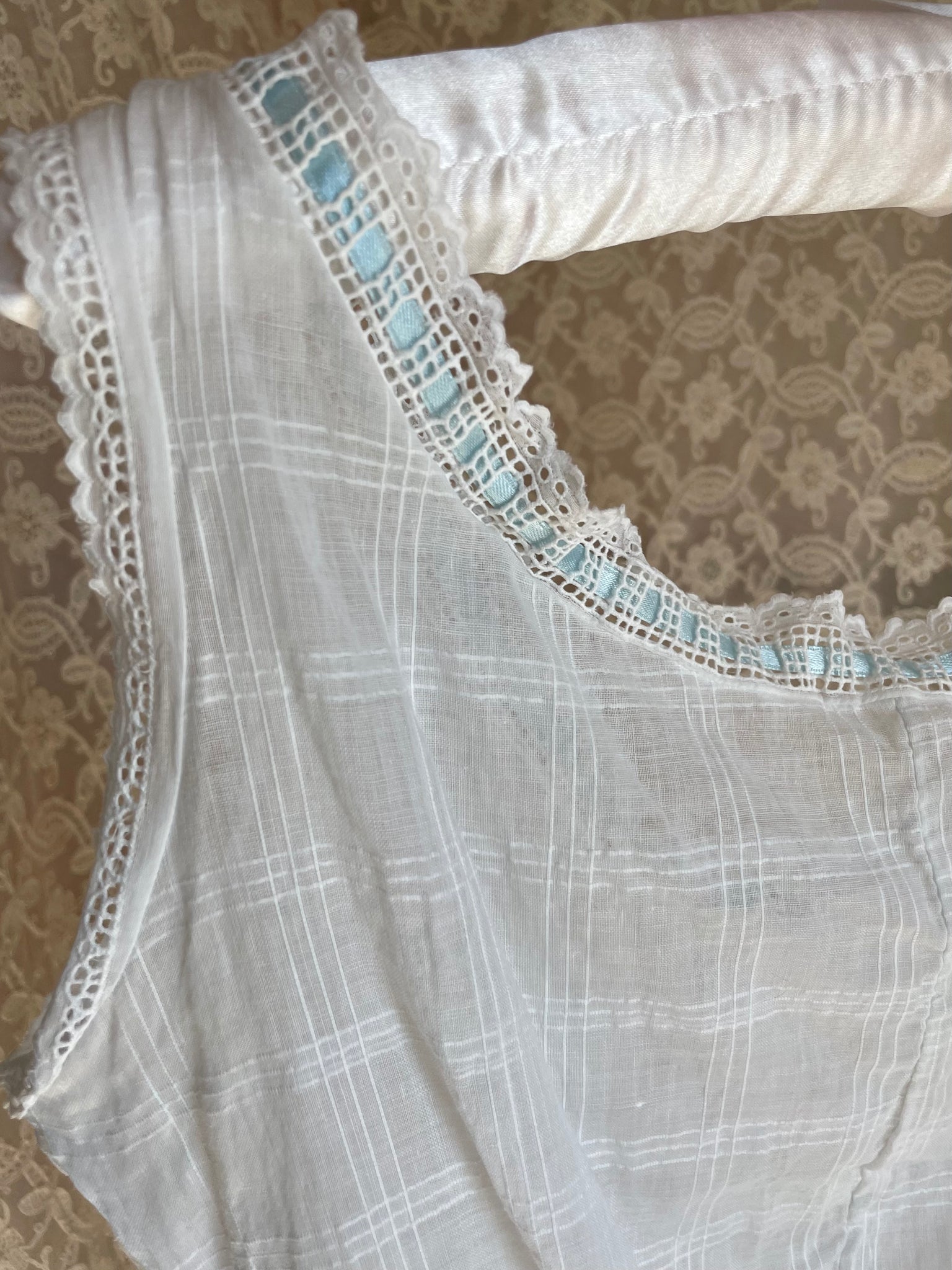 1900s Corset Cover Window Pane White Cotton Light Blue Ribbon Bow