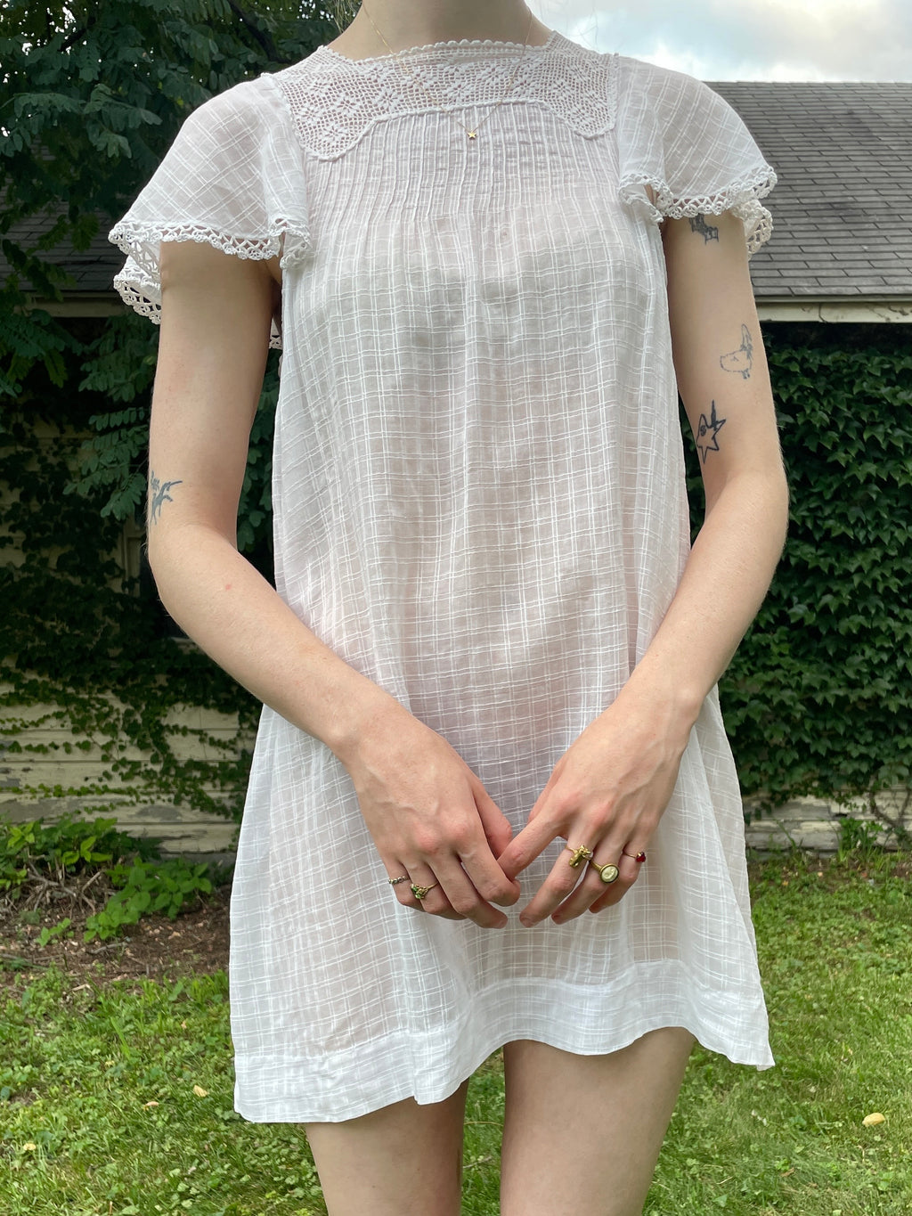 1920s White Cotton Windowpane Mini Dress Crochet Yoke