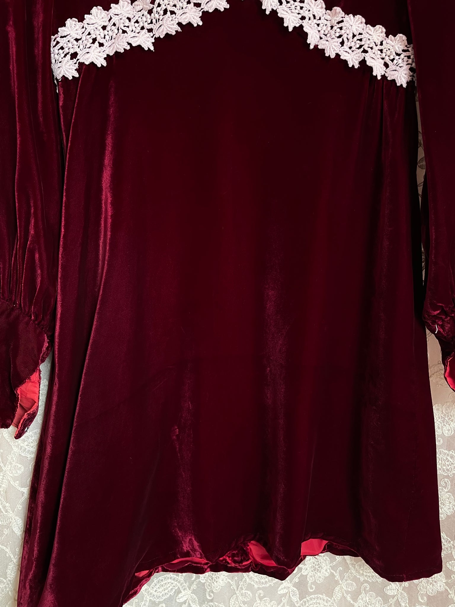 1970s Maroon Velvet Mini Dress Long Sleeves Cream Lace Trim