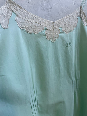 1930s Cotton Mint Green Top and Shorts Set Monogram Lace