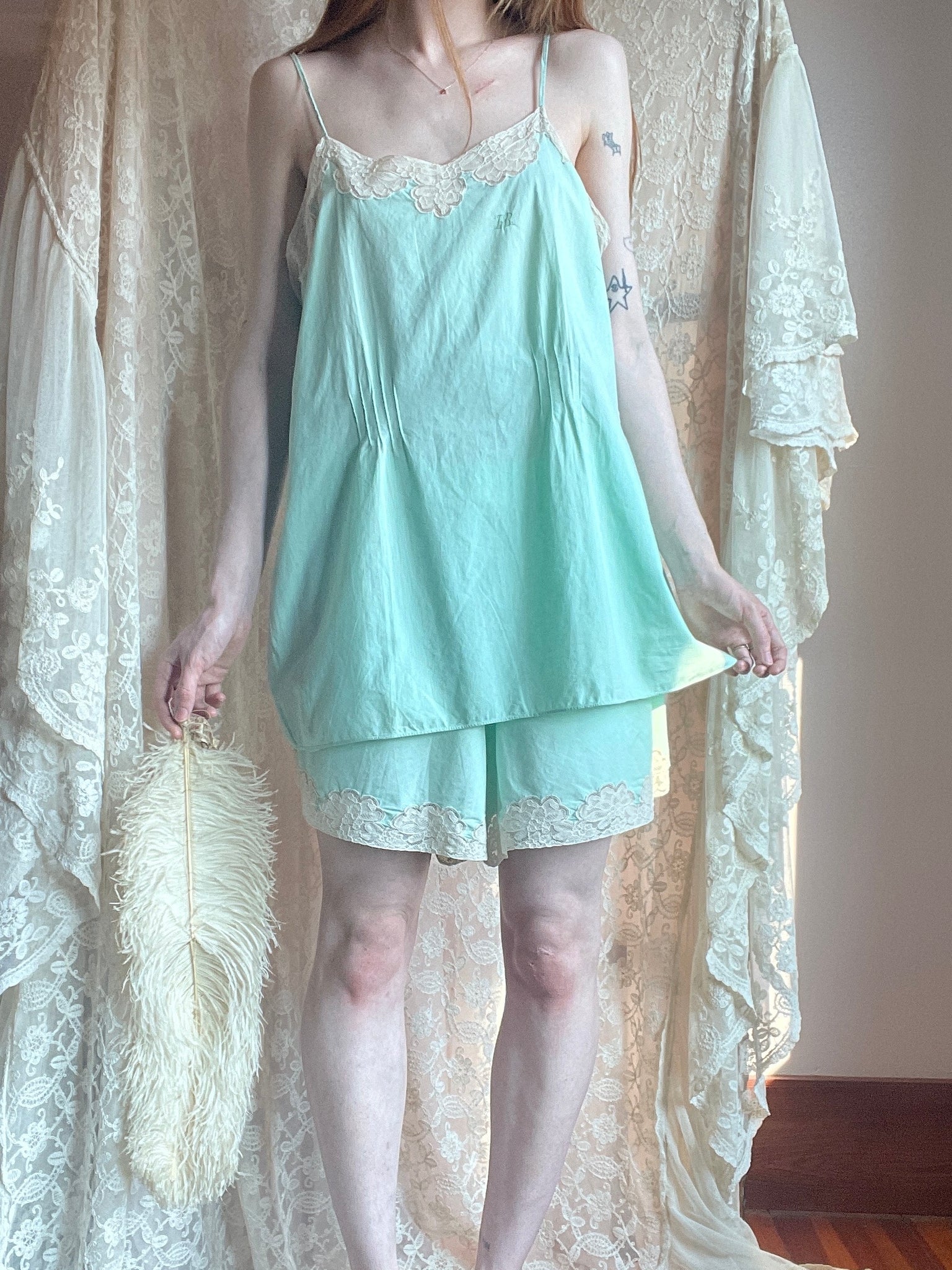 1930s Cotton Mint Green Top and Shorts Set Monogram Lace