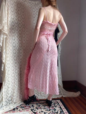 1930s Tambour Lace Embroidered Net Gown Bow Dress Dyed Pink