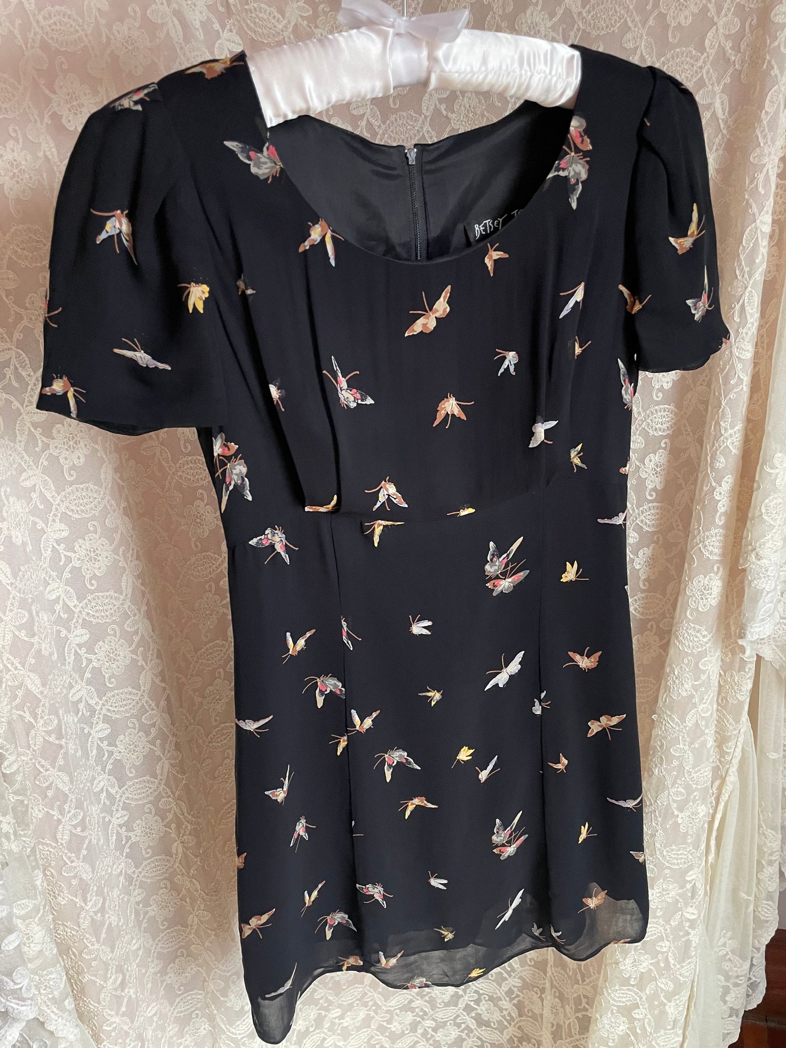 betsey johnson black butterfly dress 1990s Betsey Johnson Butterfly Print Black Rayon Mini Dress Breath Of the Earth