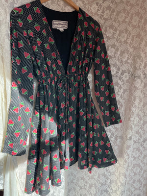 1970s Young Edwardian Strawberry Print Dotted Black Red Cotton Mini Dress