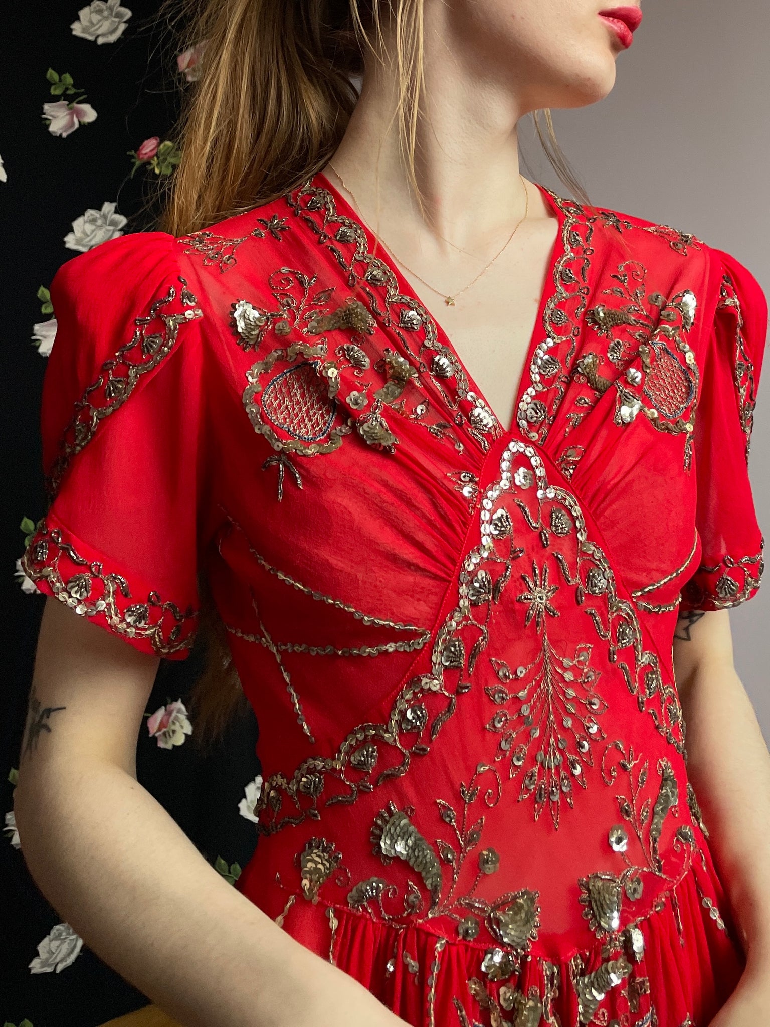 1940s Red Silk Chiffon Sequin Embroidered Dress Tulip Puff Sleeve Breath Of the Earth 1940s Red Silk Chiffon Sequin Embroidered Dress Tulip Puff Sleeve Breath Of the Earth