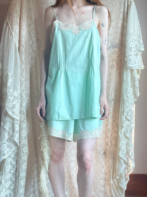 1930s Cotton Mint Green Top and Shorts Set Monogram Lace