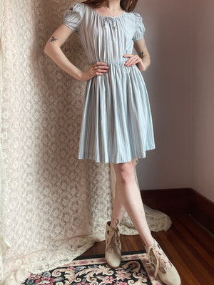 1940s Puff Sleeve Light Blue White Striped Dress