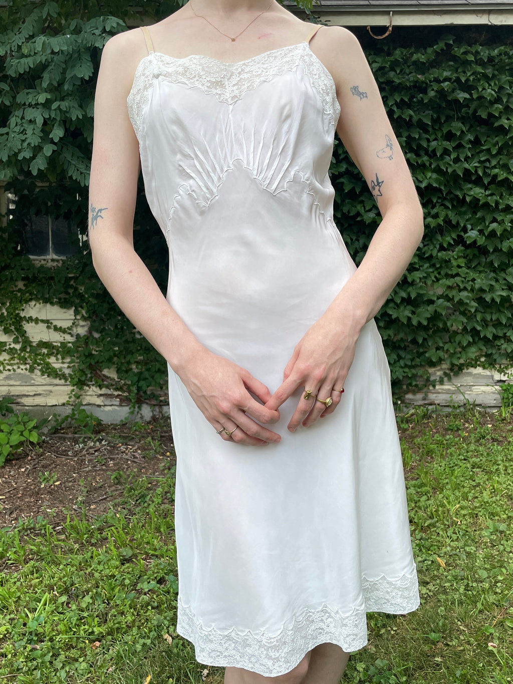 1940s White Rayon Bias Cut Slip Dress Scallop and Lace