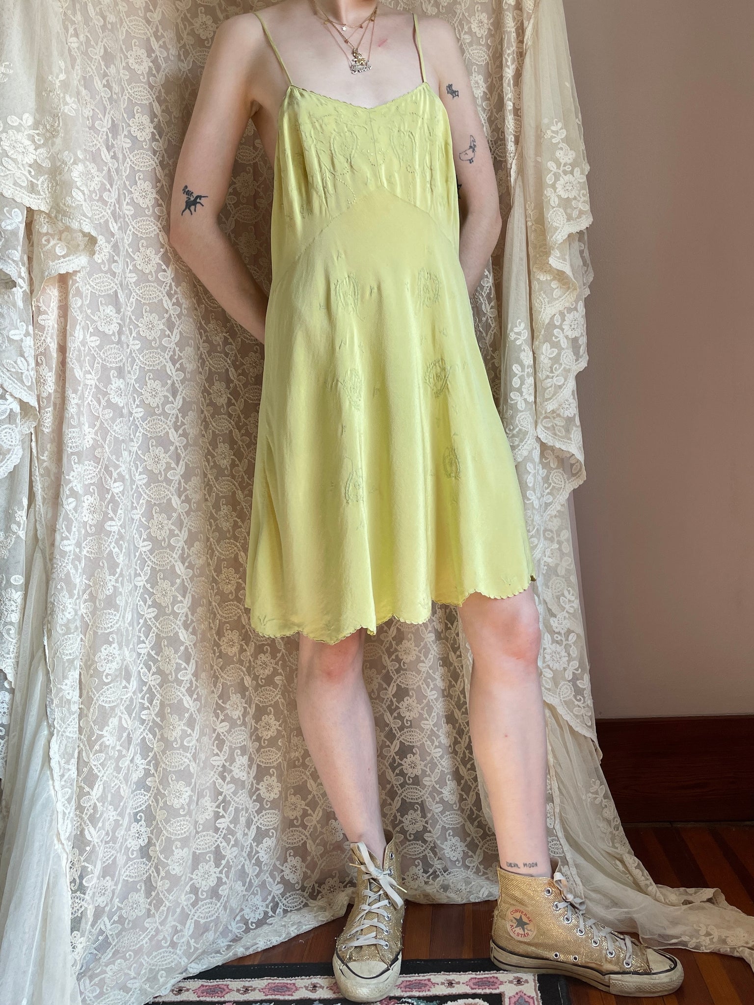 1930s Chartuese Green Silk Hand Embroidered Slip Dress