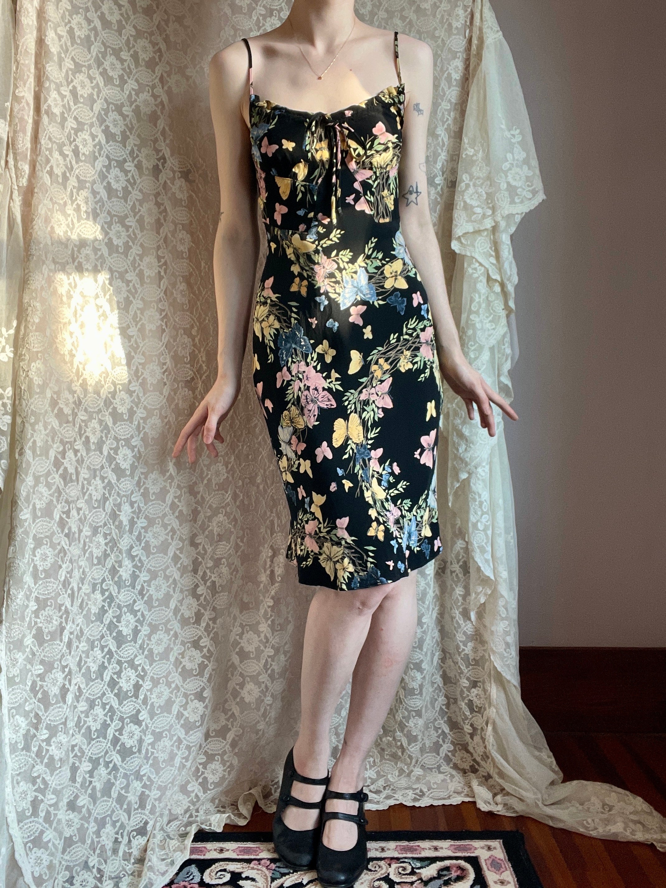 1990s Betsey Johnson Butterfly Print Rayon Crepe Black Floral Bias