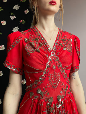 1940s Red Silk Chiffon Sequin Embroidered Dress Tulip Puff Sleeve