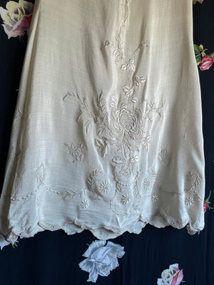 1930s Silk Floral Embroidered Mini Dress Cream Puff Sleeve Covered Buttons