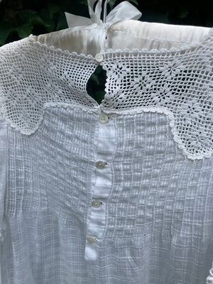 1920s White Cotton Windowpane Mini Dress Crochet Yoke