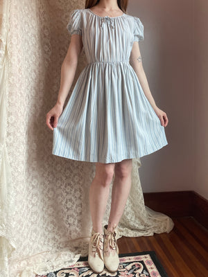 1940s Puff Sleeve Light Blue White Striped Dress