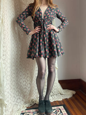 1970s Young Edwardian Strawberry Print Dotted Black Red Cotton Mini Dress