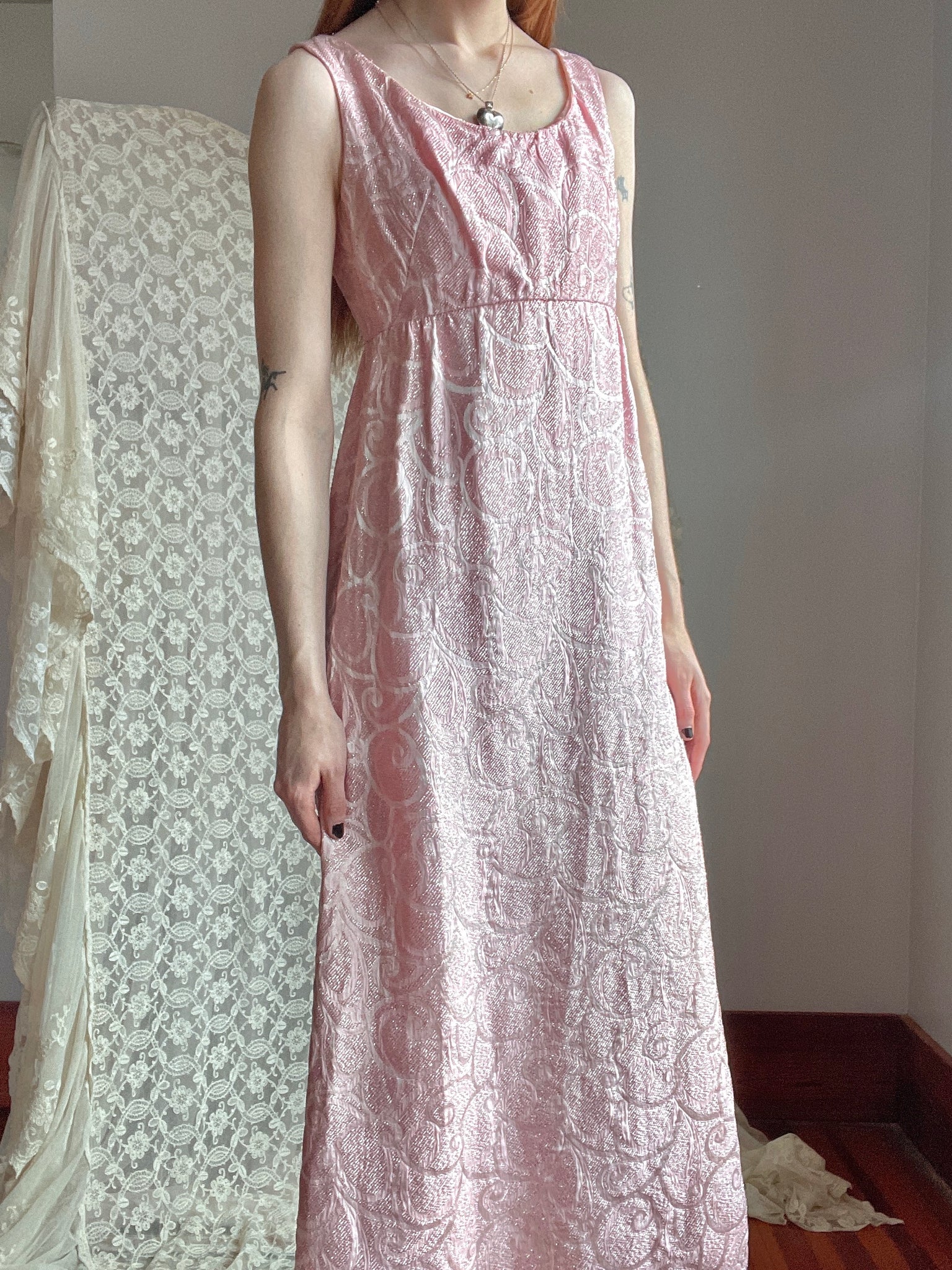 pink empire waist dress 1970s Light Pink Sparkle Lurex Empire Waist Dress – Breath Of the Earth