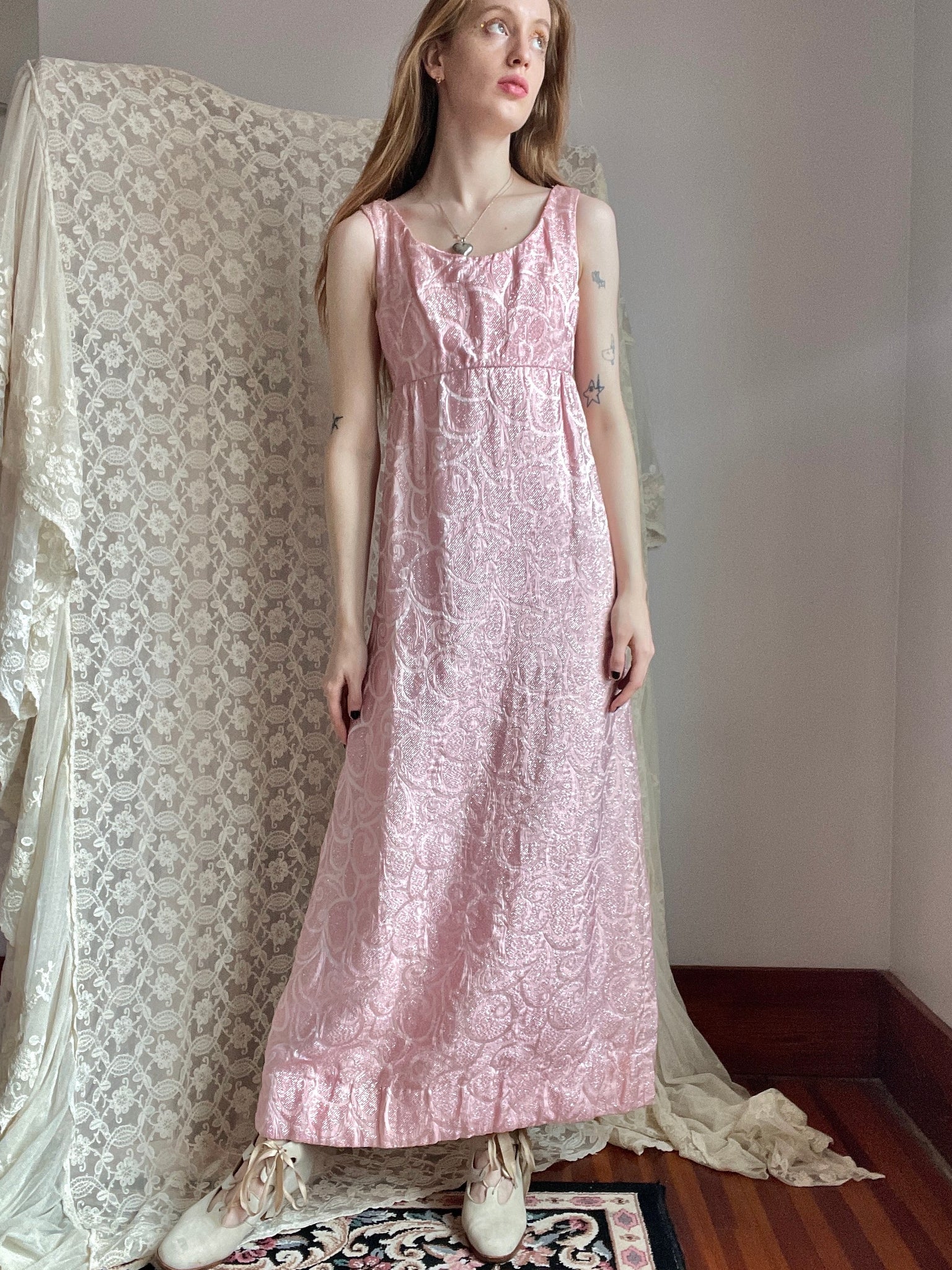 1970s Light Pink Sparkle Lurex Empire Waist Dress Breath Of the Earth 1970s Light Pink Sparkle Lurex Empire Waist Dress Breath Of the Earth