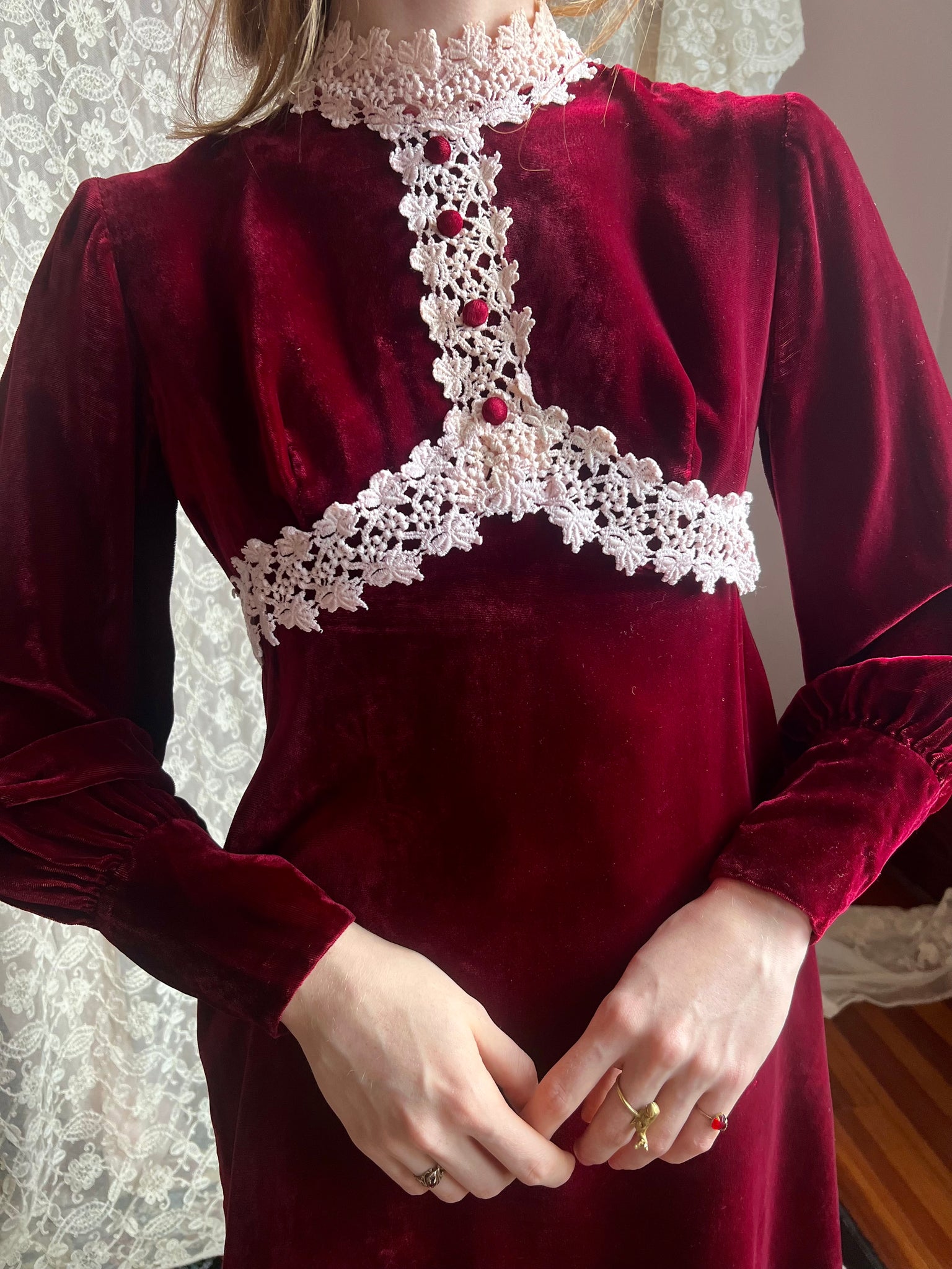 1970s Maroon Velvet Mini Dress Long Sleeves Cream Lace Trim
