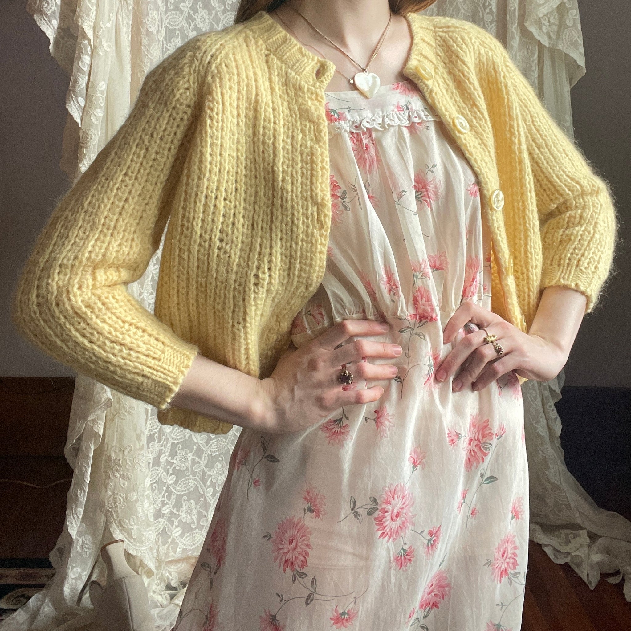 1970s Yellow Wool Cropped Cardigan Knit Sweater