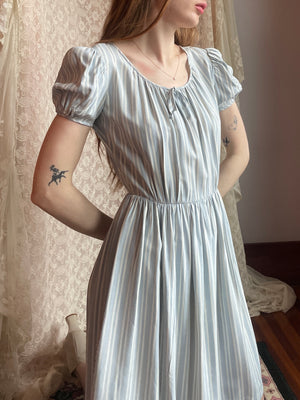 1940s Puff Sleeve Light Blue White Striped Dress