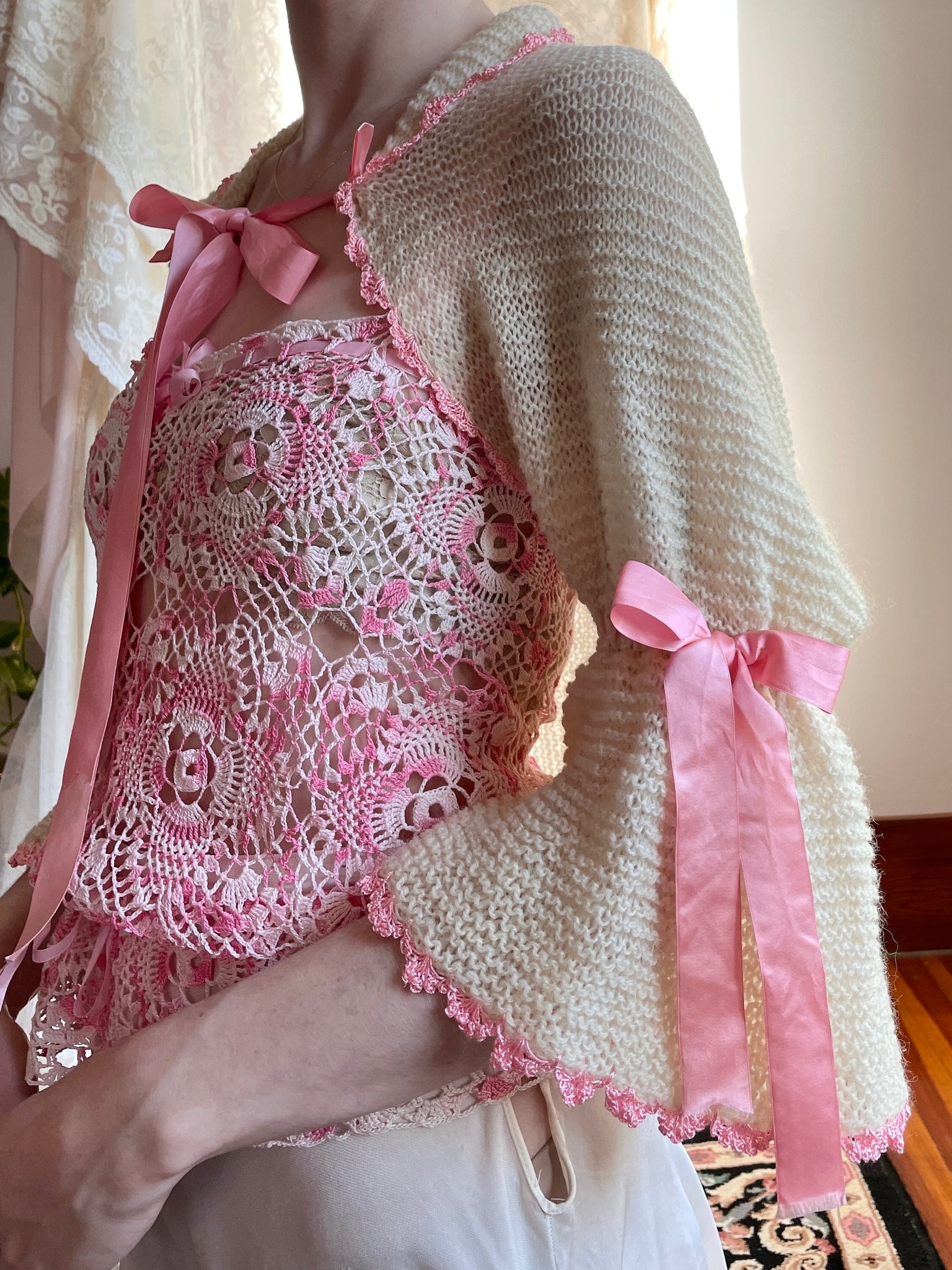 1940s Crochet Bolero Cardgian Cream Pink Ribbon Bow