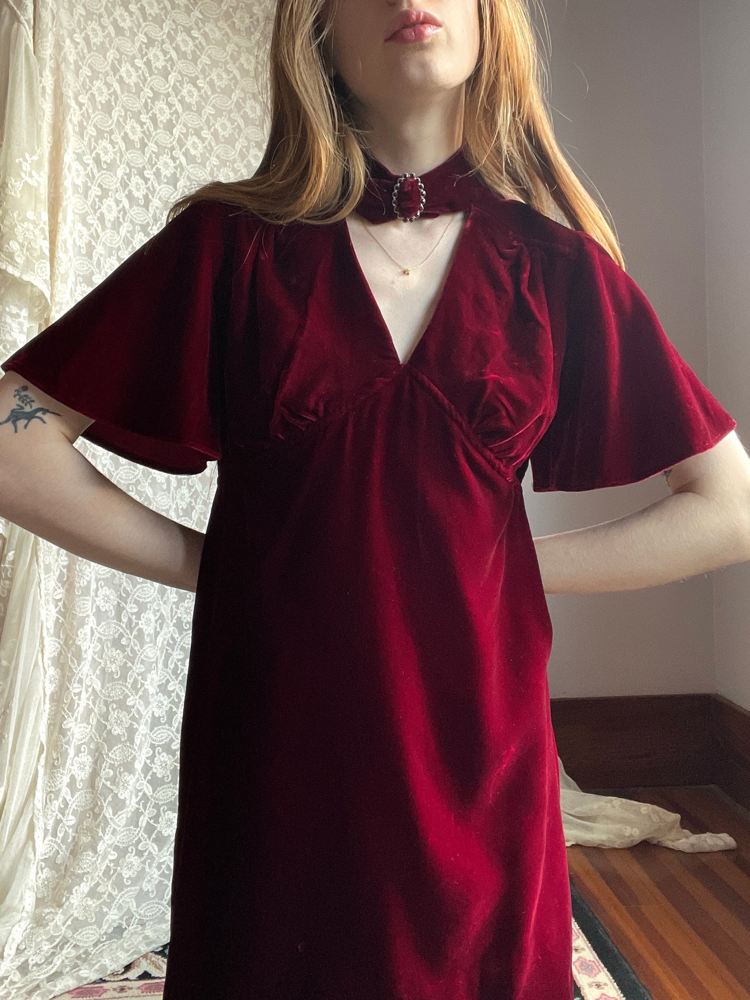 1960s Maroon Dark Red Velvet Mini Dress Keyhole Cutout Flutter Sleeve