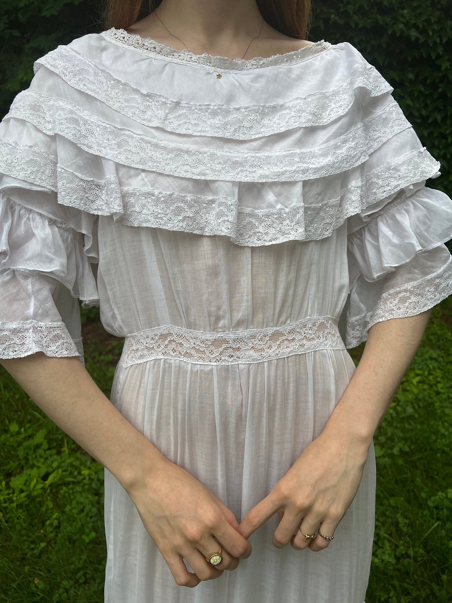 1910s White Cotton Ruffle Tiered Lace Dress