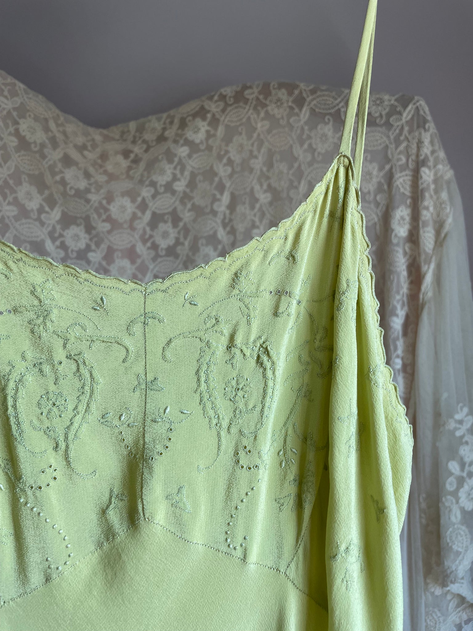 1930s Chartuese Green Silk Hand Embroidered Slip Dress