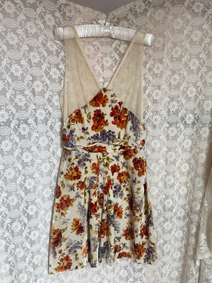 1930s Silk Velvet Net Dress Cream Orange Floral Sheer