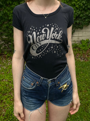 1980s Faded Black New York City Tee T Shirt Glitter Stars Print