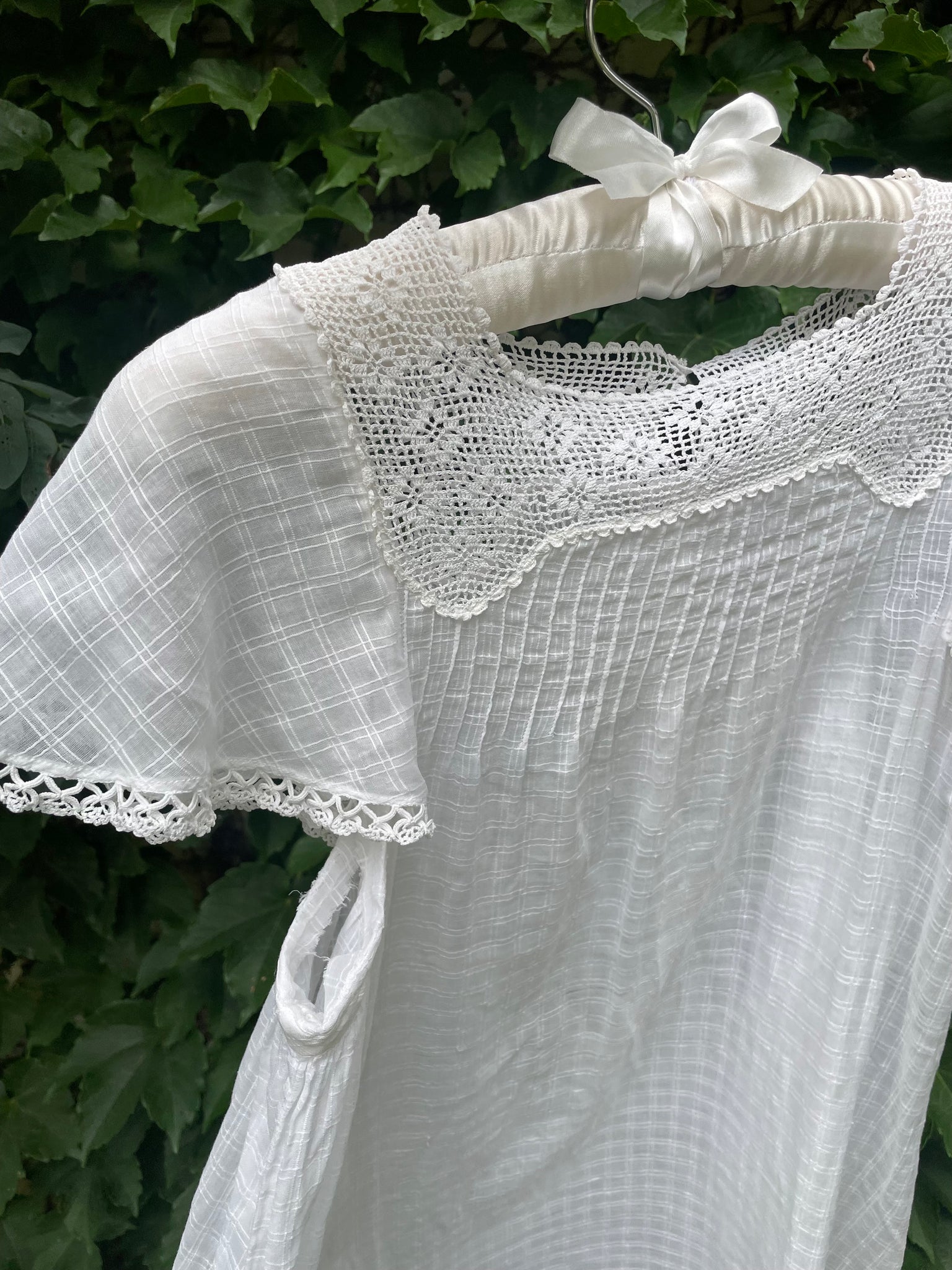 1920s White Cotton Windowpane Mini Dress Crochet Yoke