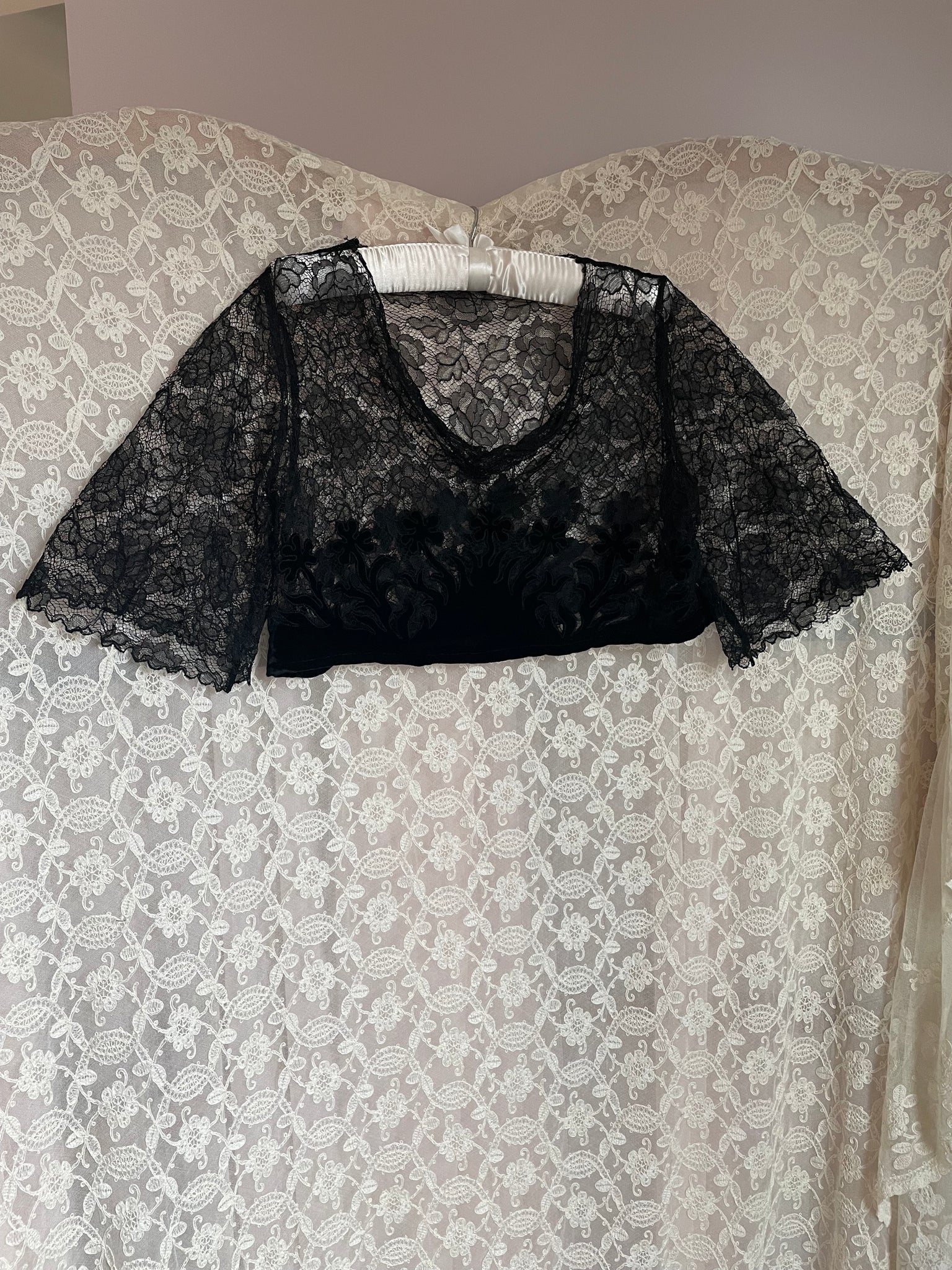 1930s Black Silk Velvet Floral Applique Lace Blouse