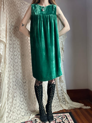 1970s Emerald Dark Green Crushed Velvet Dress Yoke