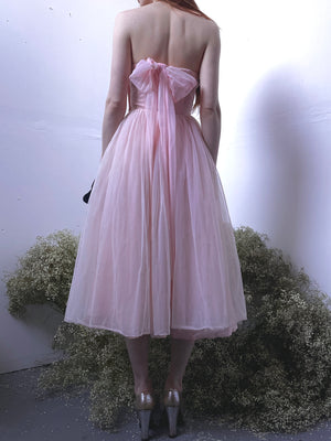 1950s Glass Rhinestone Smocked Dress Pale Pink