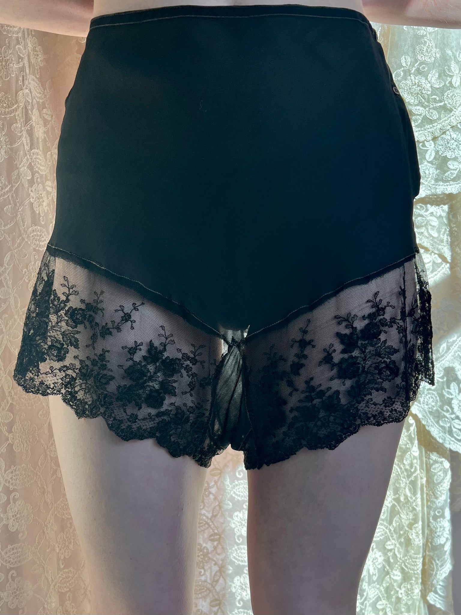 1930s Silk Chiffon Lace Tap Shorts Black