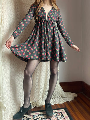 1970s Young Edwardian Strawberry Print Dotted Black Red Cotton Mini Dress