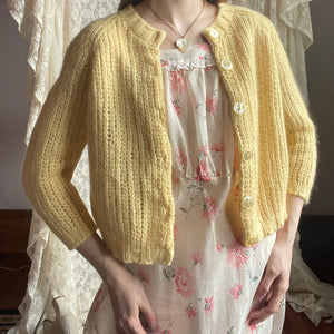 1970s Yellow Wool Cropped Cardigan Knit Sweater