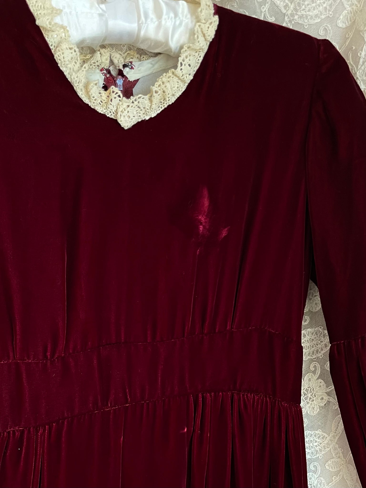 1970s Maroon Dark Red Velvet Maxi Dress Angel Sleeves Lace Trim