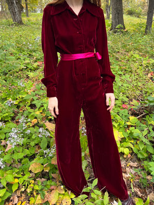 1970s Maroon Red Velvet Jumpsuit Flared Wide Leg Collared