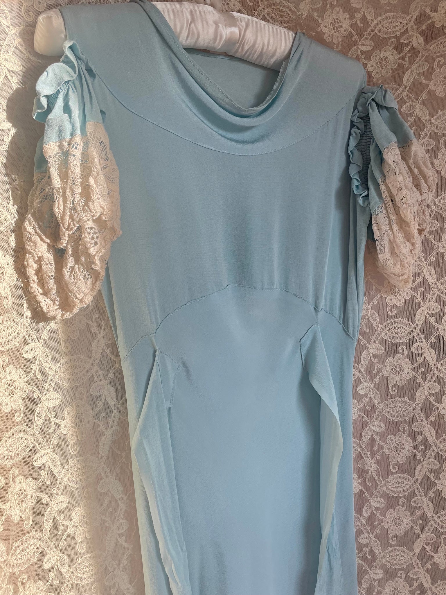 1930s Blue Rayon Crepe Dress Bias Cut Cold Shoulder Puff Sleeve