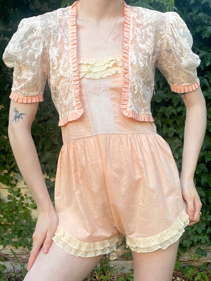 1930s Tambour Lace Bolero Leaf Embroidery Cream Peach Trim